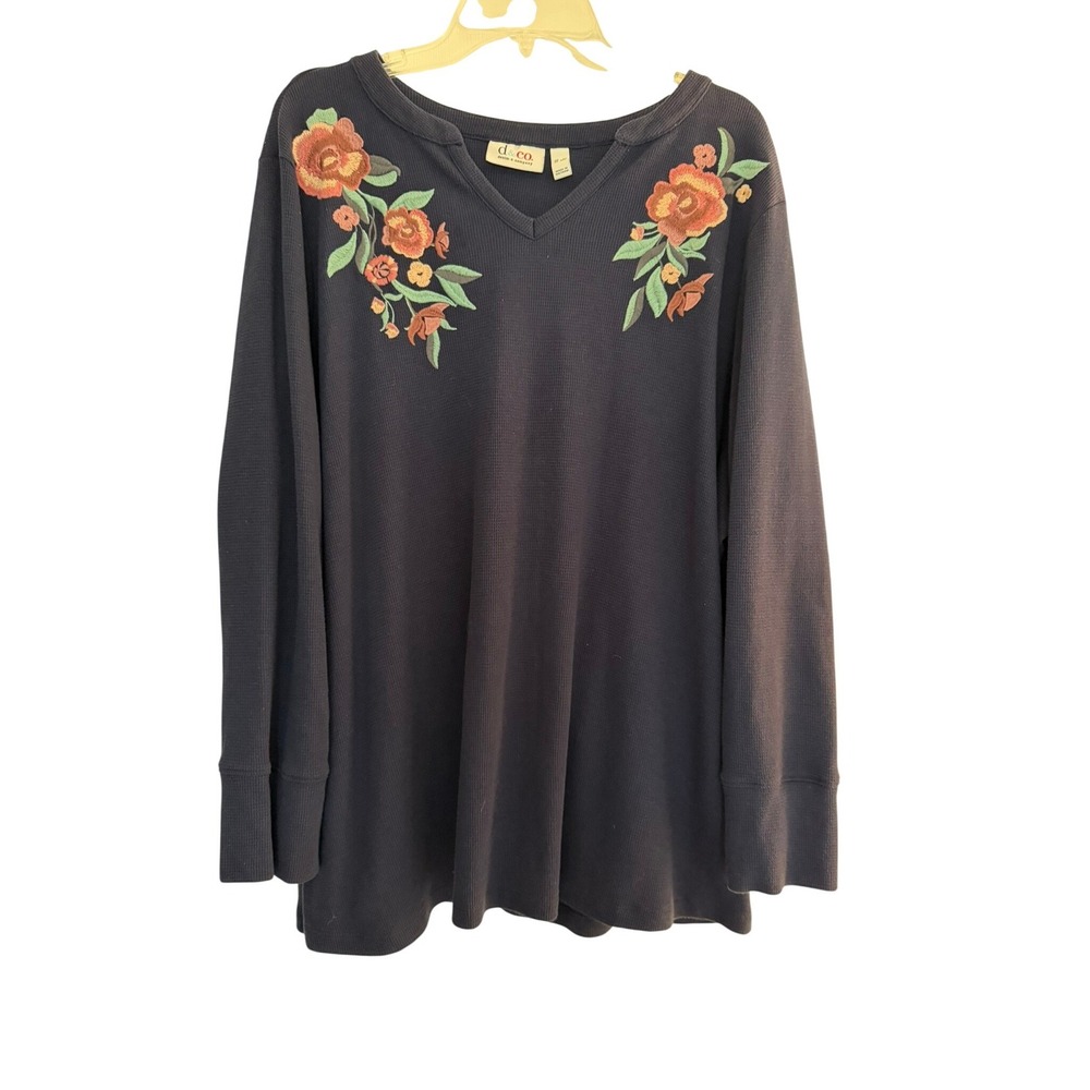 Denim & Co Navy Blue Waffle Knit Floral Embroidered Thermal Top 3X A367916
